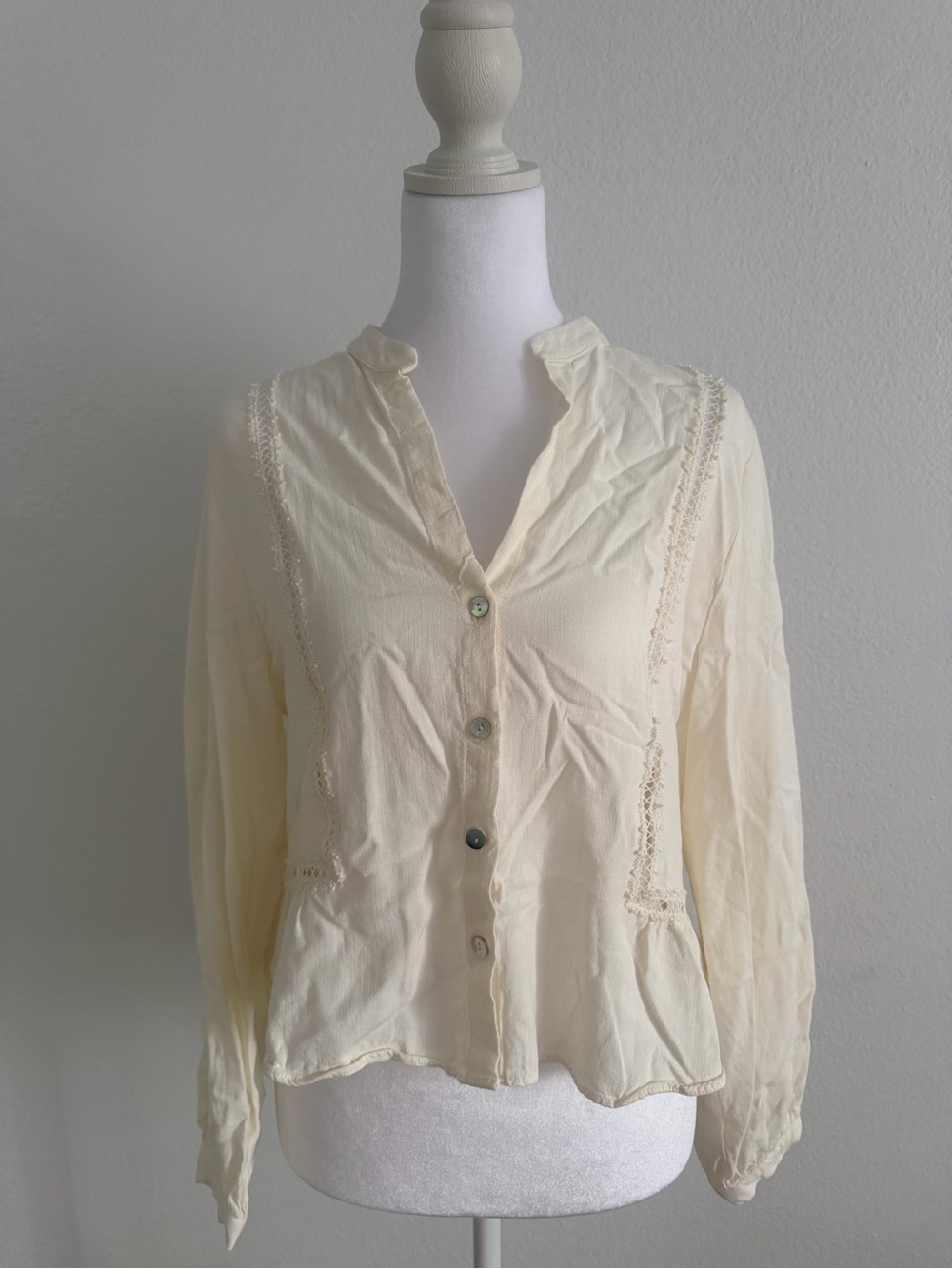 Zara Cream Button-Down Lace-Trim Blouse
